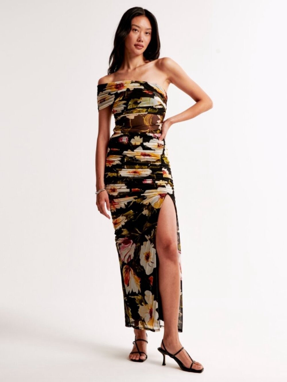 NWT Abercrombie & Fitch Black Floral Mesh Off One Shoulder Ruched Maxi Dress